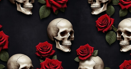 A gothic pattern of skulls and red roses on a black background. Ideal for Halloween decorations, rock music posters, or designs with a dark, romantic, or macabre theme.