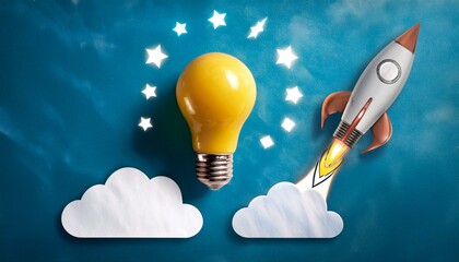 idea light bulb rocket flying to the sky flat lay