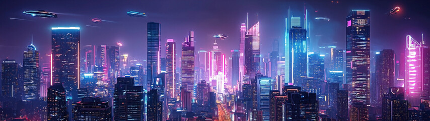 A futuristic city at night illuminated by vibrant neon lights, with towering skyscrapers and flying vehicles zooming by.