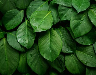 Wall Mural - nature green leaves with raindrop background texture