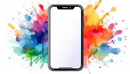 This vibrant image features a smartphone with blank screen framed by a watercolor splash - Mockup