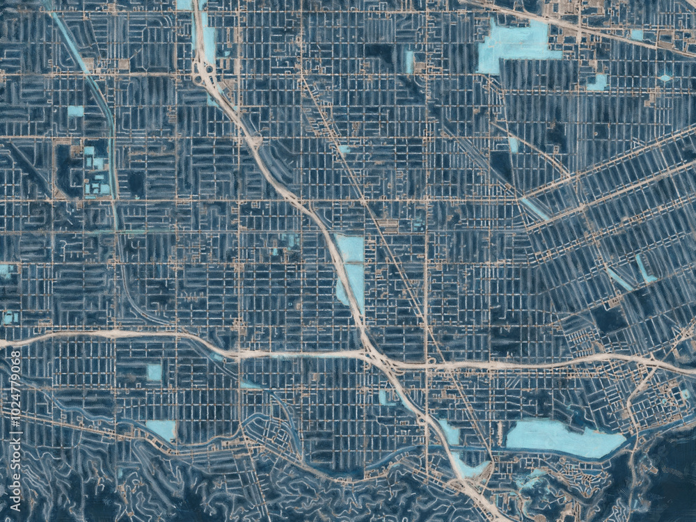 Painterly Style City Map of North Hollywood California, USA in a Blue ...