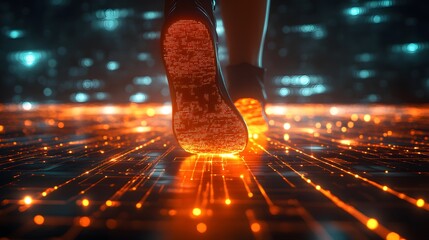 Wall Mural - a close-up view of a glowing footstep on a digital ground, symbolizing technology and movement in a 