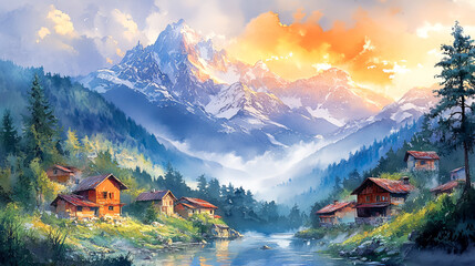 Small village in the morning light: watercolor art of nature