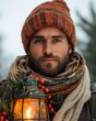 © Teerasak - A man with a festive beard, holding a lantern with holiday decorations, isolated on white background.