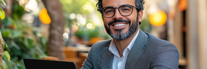 Portrait Of Smiling Businessman Working On Laptop In Outdoor Cafe Enjoying Break Time