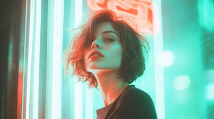 person with short hair stands in front of neon lights, exuding confident and captivating aura. vibrant colors create striking visual impact