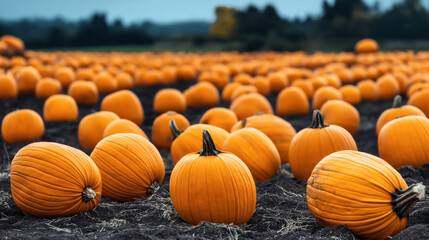 Wall Mural - Field filled with numerous bright orange pumpkins lying on dark soil, set under an overcast sky with blurred background trees.