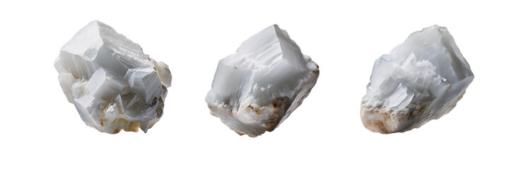 Poster - Three isolated white crystals with rough surfaces, on a white background.