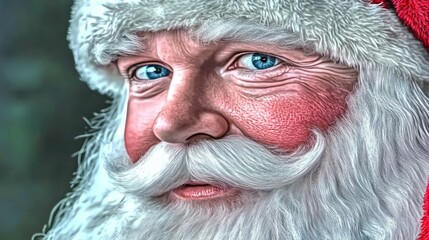 A close-up, heartwarming portrait of Santa Claus with kind blue eyes and a gentle smile