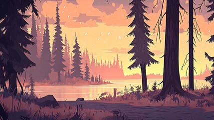 Wall Mural - A serene sunset over a tranquil lake with tall pine trees silhouetted against the warm glow of the sky.