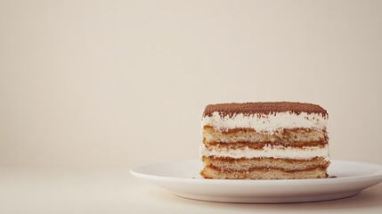 A beautifully layered Tiramisu on a white plate, isolated against a light background with ample copy space for text, highlighting the desser rich colors and inviting textures.