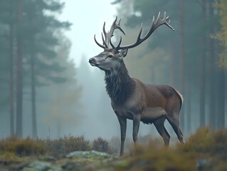 a majestic red deer stag stands in a misty forest, its antlers reaching towards the sky.