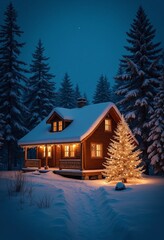 A serene winter night scene with a charming cabin lit warmly against a snowy backdrop, accompanied by a glowing, decorated Christmas tree