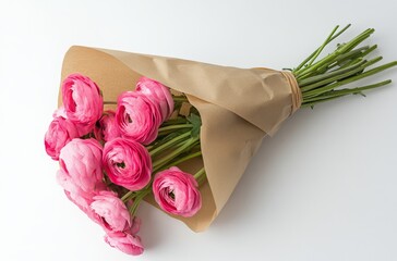 Wall Mural - A bouquet of pink ranunculus flowers wrapped in brown paper on a white background