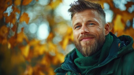 cheerful bearded man in autumn attire amongst vibrant fall leaves