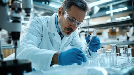 Scientist wearing goggles and gloves conducting experiment with test tubes in a laboratory setting, focused on scientific research and experimentation.