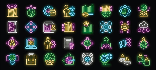 Business company structure organization management hierarchy neon icon set with business people working