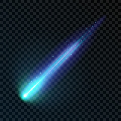 Light effect with a burning comet highlight, meteor, shooting star. A realistic blue design element. An isolated neon ray on a dark background. Perfect for space designs. Vector illustration.