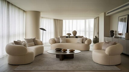 Spacious living room with white furniture and large windows, highlighting a minimalist and modern loft interior style.