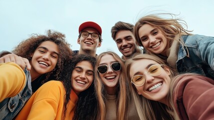 group of seven diverse young adults smiling together outdoors, looking down at camera with cheerful 