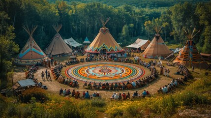 Indigenous Peoples' Day. A panoramic view of a powwow gathering, with the colorful dance circle surrounded by tents, tipis, and onlookers, creating a festive and inclusive atmosphere.