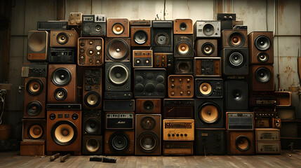 A vintage collection of various speakers arranged on a wall.