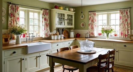 Wall Mural - Cozy cottage kitchen with floral curtains a wooden table and vintage kitchenware on display