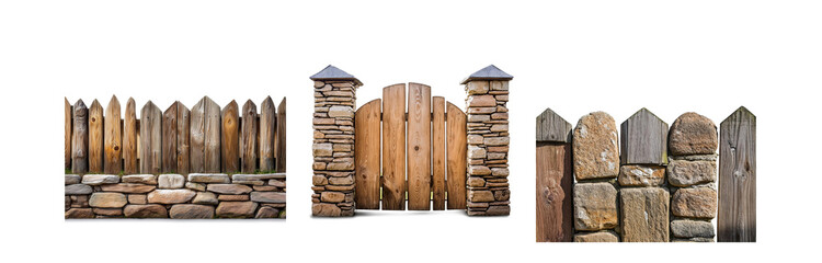 Poster - A wooden gate with stone pillars, a stone wall with wood fence sections on both sides.