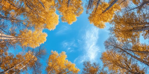 Poster - A breathtaking view of golden autumn trees reaching toward the sky. The vibrant colors of fall create a warm atmosphere. Perfect for nature lovers and photography enthusiasts. AI