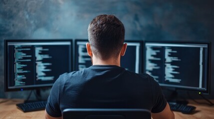 person working on multiple computer screens with coding and data for software development.