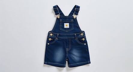 Medium denim overall shorts for kid girls with adjustable straps on plain white background