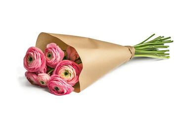 Wall Mural - A bouquet of pink ranunculus flowers wrapped in brown paper on a white background