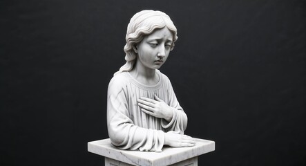 sad girl marble statue closeup on plain black background