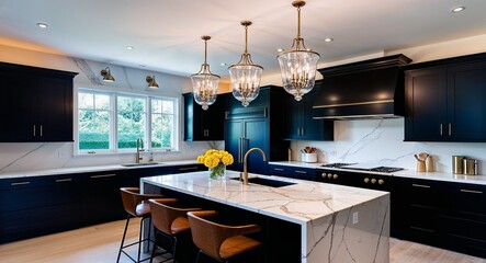 Wall Mural - Sleek kitchen with dark cabinets a marble island and elegant pendant lights above