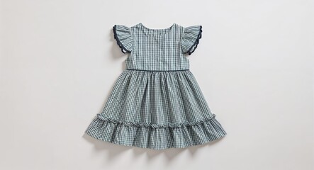 Small plaid dress for kid girls with ruffled hem on plain white background