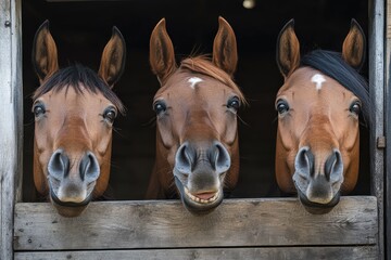 Smiling Horses. Three Funny Horse Heads Portrait in Stable Box