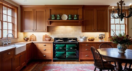 Wall Mural - Warm kitchen with wooden cabinets a classic stove and a cozy dining area