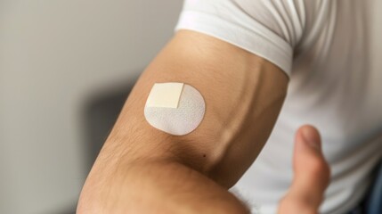 arm with medical patch covering the area after injection. concept of healthcare, vaccination, and pe