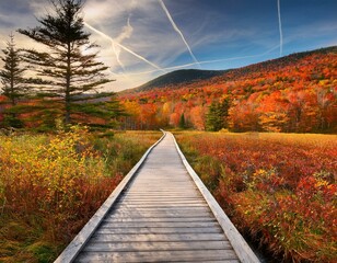 beautiful autumn colors along a boardwalk trail in the countryside of vermont usa