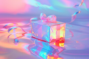 Iridescent gift box with ribbon on a reflective surface.