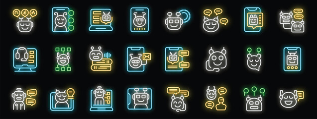 Wall Mural - chatbot icons set. outline set of chatbot vector icons neon color on black background