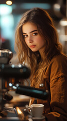 This is a close-up view of a young woman making coffee with her coffee machine during her office break.