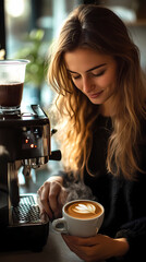 This is a close-up view of a young woman making coffee with her coffee machine during her office break.