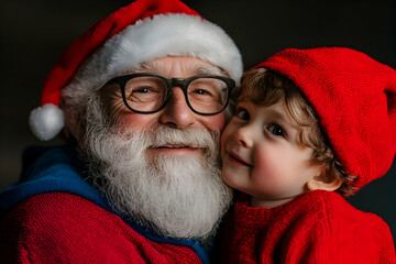 Grandfather and grandson in festive hats, sharing a loving embrace in a cozy winter setting, radiating warmth and happiness