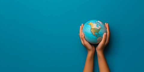 two hands gently holding a globe against a vibrant blue background, symbolizing environmental awaren