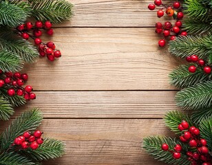 festive winter christmas and new year holiday evergreen branches and red berries frame on sides over rustic light wood horizontal background texture with copy space