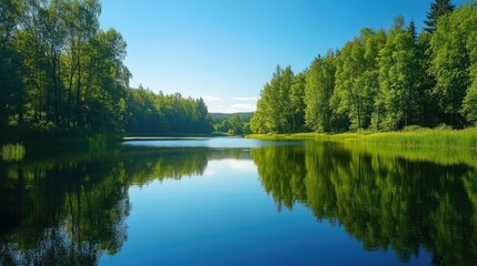 Wall Mural - Calm lake surrounded by summer trees, with space for text in the reflection