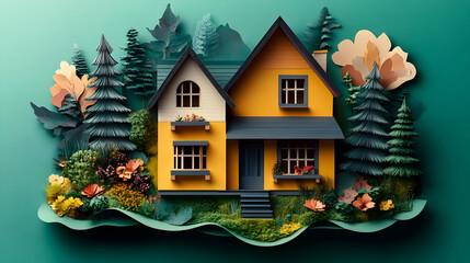 A vibrant paper-cut style house surrounded by colorful foliage.