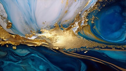 Abstract blue marble texture with gold splashes, blue luxury background